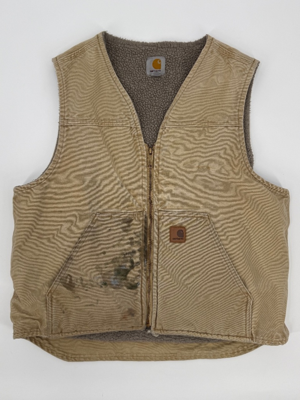 Vintage Carhartt V26 WNB Sherpa Lined Canvas Work Vest Mens Large Tan Distressed
